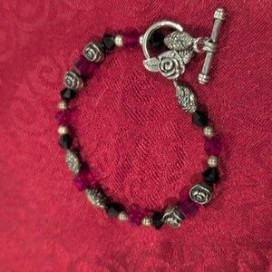 Red,black and silver toggle beaded bracelet Hand Crafted,8.5 inches long.